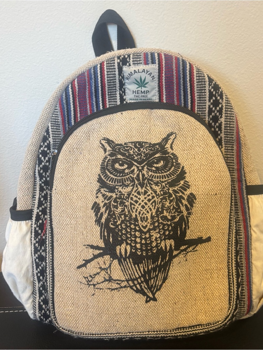 Handmade Himalayan Hemp Owl Graphic Backpack Multicolor Striped Boho Back Pack